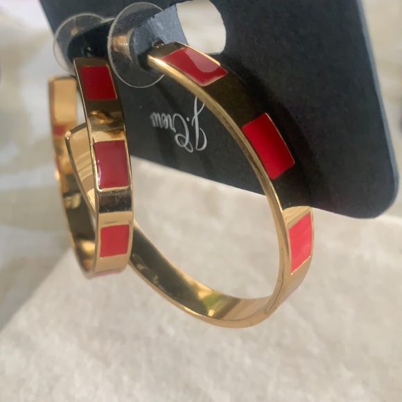 NWOT J Crew LEAH hoops GOLD & POPPY enamel earrings - Picture 5 of 7